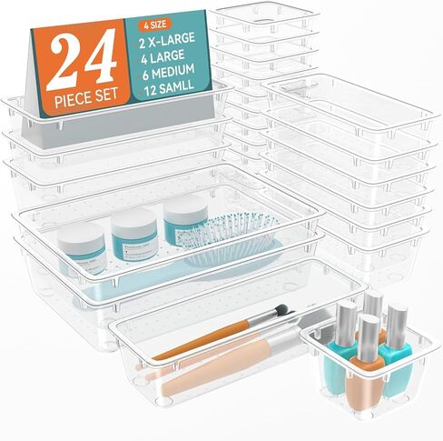 12 PCS Drawer Organizer Set, 4 Sizes Tool Storage Trays, Clear Plastic Makeup Vanity Organizer and Storage Bins for Makeup, Stationeries, Multiple Gadgets for Bathroom, Office, Bedroom in Kuwait