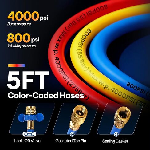 vivohome hvac مجموعة قياس متعددة لr134a r1234yf r454b r410a r32 المبردات، ومقاييس التيار المتردد السكنية للسيارات مع خراطيم 5 أقدام r134a r1234yf قارنات سريعة يمكن الصنابير لإخلاء شحن الفريون السيارة in Saudi Arabia