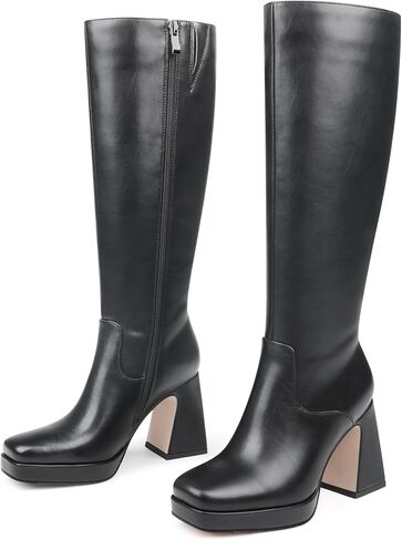 COLETER Women's Knee High Boots Pointed Toe Chunky Gogo Boots Zipper Block Heeled Tall Dress Boots in Saudi Arabia