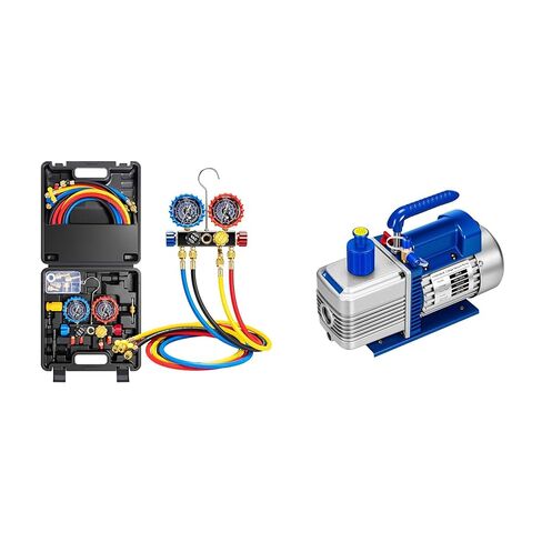 VIVOHOME HVAC مجموعة قياس متعددة لR410a R454B R32 R22 مع خراطيم 5 قدم لشحن الفريون AC و1/2 HP 5 CFM 2-Stage HVAC مضخة فراغ لأنظمة R134a R12 R22 R502 R410a AC مع زجاجة زيت in Kuwait