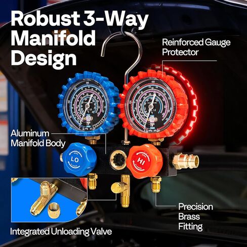 VIVOHOME HVAC Manifold Gauge Set for R134a R1234yf R454B R410a R32 with 5ft Hoses Quick Couplers and Can Taps and 110V 1/4 HP 3.5 CFM Single Stage Rotary Vane Air Vacuum Pump with Oil Bottle in Saudi Arabia