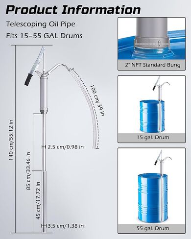 55 Gallon Drum Pump, All-Aluminum Lever-Action Barrel Pump, Fuel Transfer Barrel Pump for Diesel, Kerosene, Hydraulic Fluid, Rotary Siphon Oil Pump for Machinery Use, Fits 5–55 Gallon Drums in Saudi Arabia