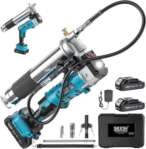 طقم مسدس الشحوم 8000PSI من Seesii: مسدس شحوم بقبضة مسدس شديدة التحمل بسعة 14 أونصة، قارنة توصيل سريعة التحرير، محول 90 درجة، خرطوم مرن، أنبوب صلب للسيارات والزراعة والصناعية in Kuwait