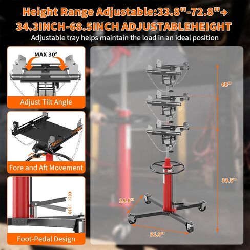 Transmission Jack,1320 LB Capacity,34"-68" Lifting Range, 2-Stage Hydraulic Telescopic Jack with Foot Pedal, 360° Swivel Wheels, Heavy-Duty for Auto Repair, Maintenance, Blue 31.9 * 25.6 Inch in Kuwait