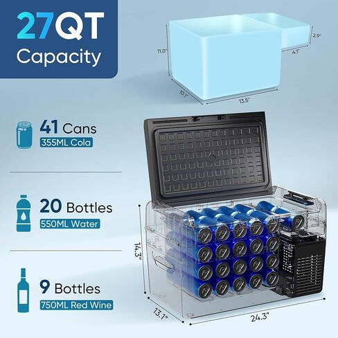 ثلاجة 12 فولت - فريزر محمول 27 كيو تي (25 لتر)، مبرد كهربائي للسيارة والشاحنات والمركبات الترفيهية والشاحنات والتخييم ورحلات الطريق، ثلاجة تبريد سريعة مع 12/24 فولت تيار مستمر و110-240 فولت تيار متردد للمركبات والاستخدام المنزلي، -4 درجة فهرنهايت ~ 68 درج in Kuwait