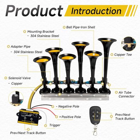 FARBIN Musical Air Horn, 36 Melodies 12/24 Volt, Music Horn 178dB, Switchable 36 Melodies with Controller for Bus, Truck, Train and Heavy Duty Vehicles in Kuwait