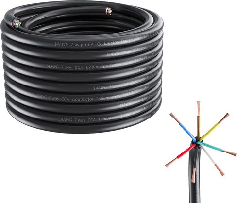 7 Way Trailer Wire Harness Kit 50 Feet – Heavy Duty 14 Gauge 7 Pin Conductor with Color-Coded Stranded CCA Conductors Weatherproof PVC Jacket for RV, Camper, Truck, Boat, Utility Trailer Stranded in Saudi Arabia