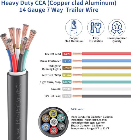 7 Way Trailer Wire Harness Kit 50 Feet – Heavy Duty 14 Gauge 7 Pin Conductor with Color-Coded Stranded CCA Conductors Weatherproof PVC Jacket for RV, Camper, Truck, Boat, Utility Trailer Stranded in Saudi Arabia