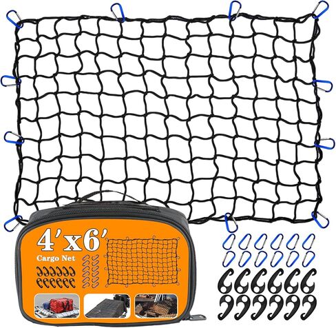 4’x6’ Truck Cargo Net Expands to 8' x 12' with 4"x4" Mesh Grid Super Duty Bungee Heavy Duty Bed Netting for Truck Bed Stretches with 12 Adjustable Metal Carabiners by Cenipar in Saudi Arabia