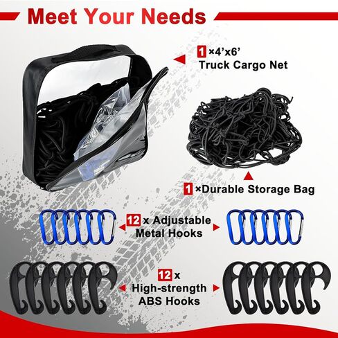 4’x6’ Truck Cargo Net Expands to 8' x 12' with 4"x4" Mesh Grid Super Duty Bungee Heavy Duty Bed Netting for Truck Bed Stretches with 12 Adjustable Metal Carabiners by Cenipar in Saudi Arabia