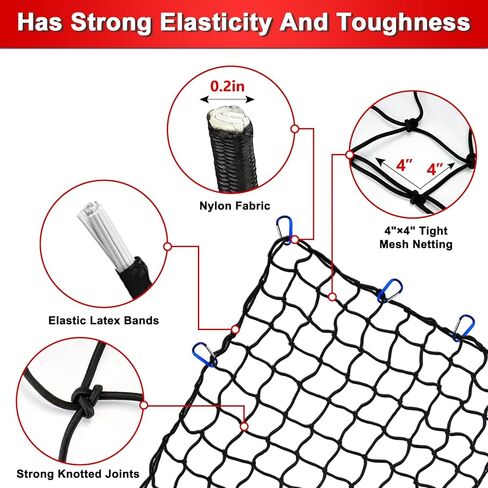 4’x6’ Truck Cargo Net Expands to 8' x 12' with 4"x4" Mesh Grid Super Duty Bungee Heavy Duty Bed Netting for Truck Bed Stretches with 12 Adjustable Metal Carabiners by Cenipar in Saudi Arabia