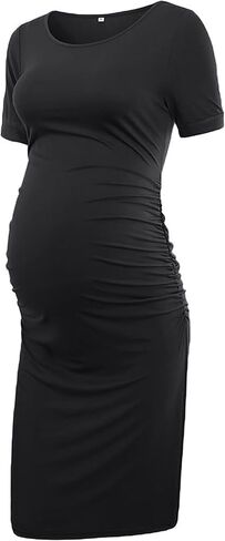 Liu & Qu Women's Maternity Dress Summer Casual Bodycon Pregnancy Dresses | Short Sleeve,Side Ruched,Crew Neck,Knee Length,Soft Stretch Fabric,Maternity Clothes for Baby Shower & Daily Wear in Saudi Arabia