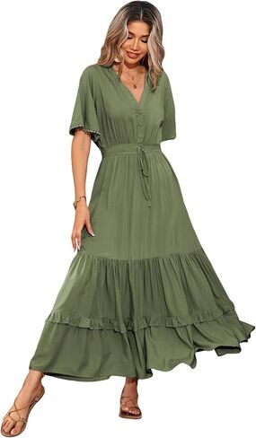 R.Vivimos Womens Summer Cotton Short Sleeve V Neck Floral Print Casual Bohemian Midi Dresses in Kuwait