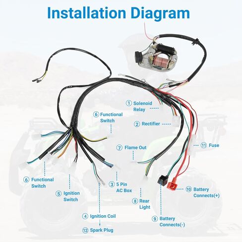 Complete Wiring Harness Kit Compatible with Tao tao Coolster 110cc 125cc 4 Stroke Chinese ATV Quad 4 Wheeler Kazuma SunL NST Roketa Loncin Lifan Baja Vitacci Icebear Buyang Coolsport Parts in Saudi Arabia