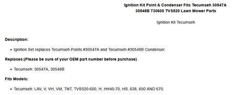 Replacement for Tecumseh Points & Condenser fit 730600 740037A 30547A 30548B HH40 HH50 HH60 HH70 OEM in Saudi Arabia