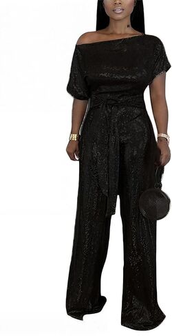 LKOUS Women's Evening Sparkly Jumpsuits Off Shoulder Short Sleeve Party Sequins Rompers High Waisted Wide Leg Pants Suit in Kuwait