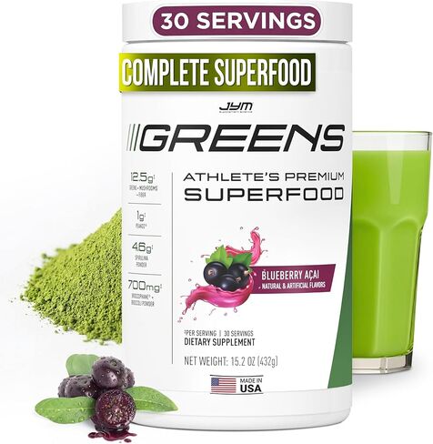 JYM Greens Super Food Powder for Performance, Blueberry Acai, Spirulina, Mushrooms, Vitamins, BroccoPhane & Broccoli, Men & Women, 30 Servings in Kuwait