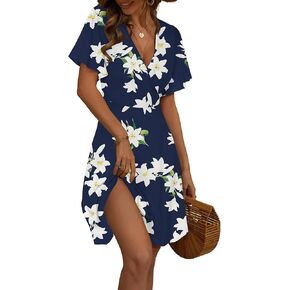 FENSACE Womens Sundress Summer Floral Short Sleeve Wrap V Neck A-Line Midi Dress in Kuwait