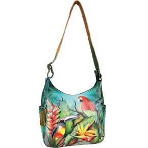 حقيبة كتف نسائية من الجلد الطبيعي من Anuschka | عمل فني أصلي مرسوم يدويًا | هوبو كلاسيكي مع جيوب جانبية مرصعة in Kuwait