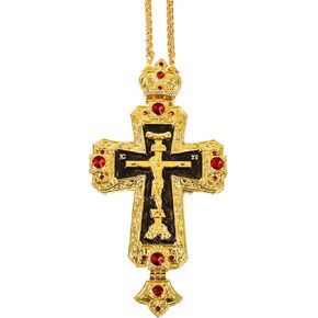 Nazareth Store 18K Gold Plated Pectoral Cross Multi Zircons Crystallized Elements Christian Priest Bishop Large Crucifix Pendant with Necklace 24" in Kuwait