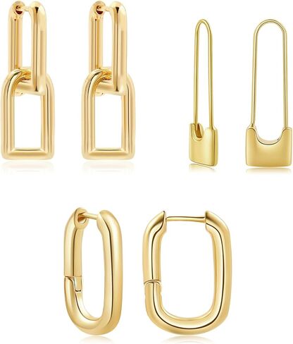 SLOONG 3 Pairs 14k Gold Plated Ball U Shape Pin Y2K Style Chunky Earring Link Chain Chunky Circle Hoop Earrings Paperclip Link Chain Jewelry Drop Dangle Earrings set for women teen girls in Kuwait
