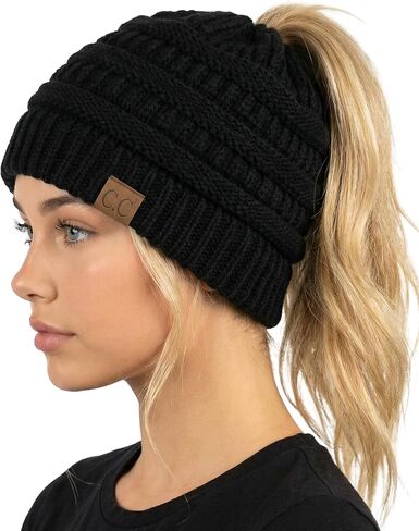 قبعة صغيرة مضلعة صلبة للنساء من Funky Junque Ponytail Messy Bun BeanieTail in Kuwait