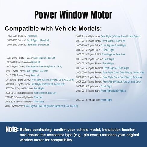 محرك نافذة كهربائي للراكب الأمامي أو الجانب الخلفي مناسب لسيارة Toyota Corolla Camry Avalon 4Runner Highlander Matrix SiennaTacoma Tundra 03 04 05 06 07 08 09 10 11 12 13 14 15 16 17 18 19 20 21,742-609 in Kuwait