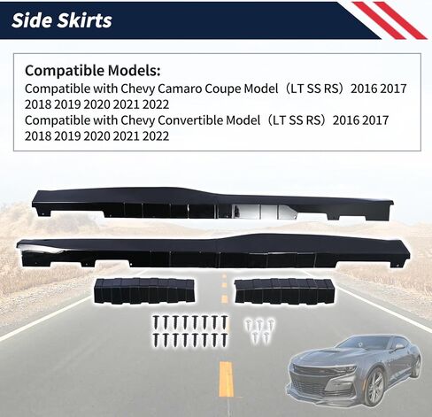تنانير جانبية طراز ZL1 باللون الأسود اللامع زوج واحد متوافق مع Chevy Camaro 2016-2022 LT SS RS (طراز كوبيه وقابل للتحويل)، طقم هيكل لوحة الروك مقسم حماية تمديد (بلاستيك ABS) in Kuwait