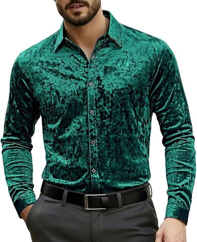 قمصان رجالي من KISSQIQI قمصان مخملية بأكمام طويلة وأزرار للأسفل وقميص عضلي ضيق مناسب لحفلات الزفاف in Kuwait
