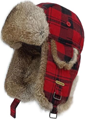 HEYANN Winter Trapper Hat,Warm Rabbit Fur Ushanka Russian Aviator Trooper Hats with Ear Flaps for Men Women(RedPlaid,L/XL) in Saudi Arabia