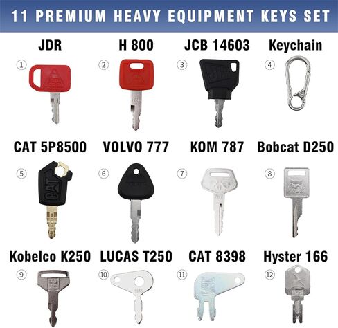 11 Pcs Heavy Equipment Replacement Keys Compatible with CAT, JD, Case, Komatsu, Hyster, Kubota, JCB, Bobcat, Daewoo, JLG, Toyota, Master Ignition Key for Workers and Opeartors in Saudi Arabia