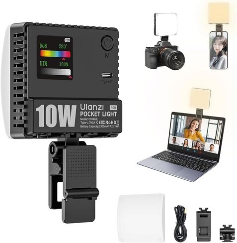 Ulanzi C10 10W Portable LED Light - 1300 Lux High Brightness Camera Light, 3300mAh, 0-359° RGB Lights, w/Phone Mount, Cold Shoe, Magnetic Diffuser in Saudi Arabia
