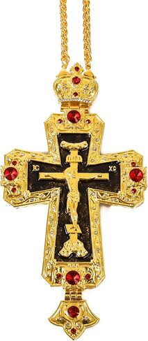 متجر الناصرة 18K مطلية بالذهب صليب صدري متعدد الزركون عناصر متبلورة كاهن مسيحي أسقف صليب كبير قلادة مع قلادة 24" in Kuwait