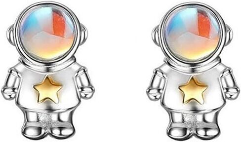 Cute Astronaut Sterling Silver Small Stud Earrings for Women Girls Men Personalized Unique Robot Saucerman Love Heart Studs Tragus Post Hypoallergenic Unisex Jewelry in Saudi Arabia