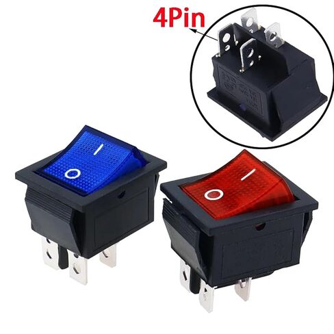 KCD4 مفتاح الروك 4 دبوس ON-Off 2 موضع مع مفتاح طاقة مضيء باللون الأحمر والأزرق، 16A 250VAC 20A 125VAC (أسود) in Kuwait