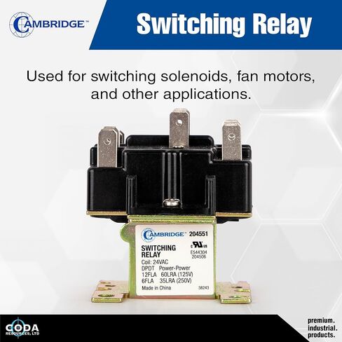 Cambridge DPDT Power-Power 24V Coil Relay, 12FLA 60LRA 125V / 6FLA 35LRA 250V, Double-Pole Double-Throw, Plastic-Enclosed, Mounts Any Position – for HVAC, Fans, Appliances & Vending in Saudi Arabia