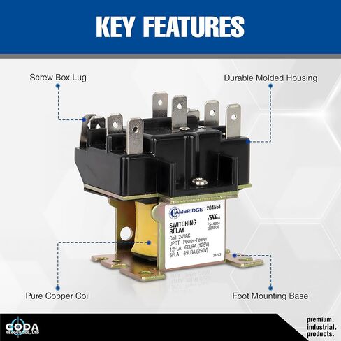 Cambridge DPDT Power-Power 24V Coil Relay, 12FLA 60LRA 125V / 6FLA 35LRA 250V, Double-Pole Double-Throw, Plastic-Enclosed, Mounts Any Position – for HVAC, Fans, Appliances & Vending in Saudi Arabia