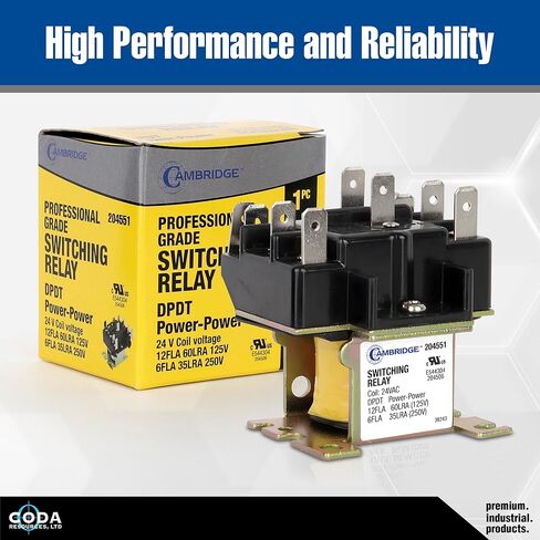 Cambridge DPDT Power-Power 24V Coil Relay, 12FLA 60LRA 125V / 6FLA 35LRA 250V, Double-Pole Double-Throw, Plastic-Enclosed, Mounts Any Position – for HVAC, Fans, Appliances & Vending in Saudi Arabia