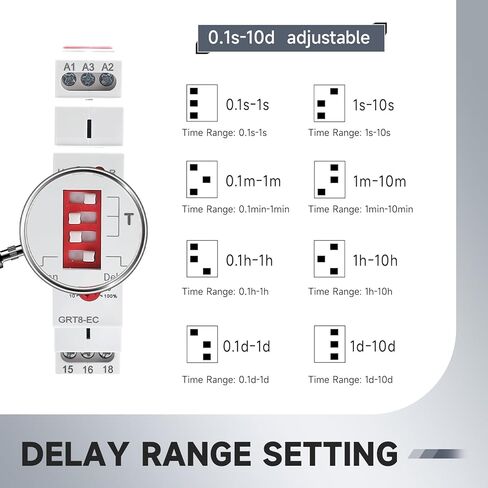10A تأخير تشغيل أو تأخير إيقاف GRT8-EC مرحل زمني اقتصادي مزدوج الوظيفة، 10 أمبير مرحل تأخير مؤقت قابل للتعديل، نطاق الجهد AC DC 24V إلى 240V DIN مرحلات السكك الحديدية ذات نطاق تأخير واسع لمدة 0.1 ثانية إلى 10 أيام in Kuwait