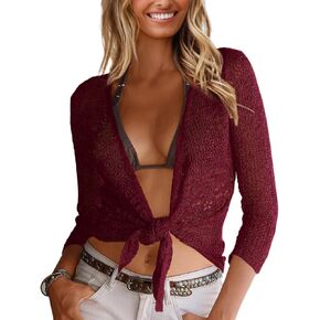 Nulibenna Womens Sheer Shrug Sweaters 3/4 Sleeve Open Front Tie Cardigan Bolero Jacket Lightweight Crochet Knit Cover Up Tops in Saudi Arabia