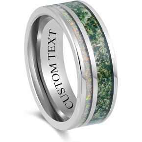 Custom Engraved Men's Wedding Ring Silver Tungsten Moss Agate & White Fire Opal Inlay, Personalized Wooden Ring Box - 8mm Comfort Fit in Saudi Arabia