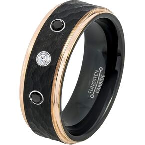 0.21ct White and Black Diamond 3-Stone Tungsten Ring - April Birthstone - 8MM Two-Tone Black Hammered Center Rose Gold IP Stepped Edge Comfort Fit Unisex Wedding Anniversary Band in Kuwait