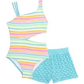 Aqua Green Girls Strappy Cutout Ribbed One Piece Swimsuit with Crochet Short Coverup 2-Piece Set in Saudi Arabia