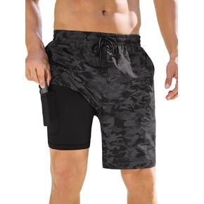 Mens Swim Trunks with Compression Liner Quick Dry Bathing Suit Waterproof Board Shorts with 3 Zipper Pockets in Kuwait