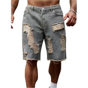 MakeMeChic Men's Ripped Jean Shorts Distressed Trim Wide Leg Hip Hop Y2K Cargo Denim Jorts in Saudi Arabia