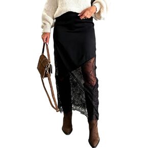 Satin Skirts for Women High Waist Lace Skirts Y2K Elegant Lace Patchwork Skirt Solid Silk Wrap Maxi Skirts 2026 in Kuwait
