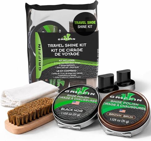 GRIFFIN Travel Shoe Shine Kit - Includes Black Shoe Polish, Brown Shoe Polish, Sponge Applicators, Shoe Shine Cloth, and Shoe Shine Brush - Made in the USA in Saudi Arabia