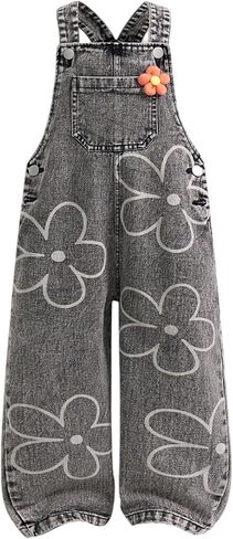 WDIRARA Girl's Cute Floral Graphic Denim Overalls Sleeveless Baggy Jumpsuit Bib Overalls in Saudi Arabia