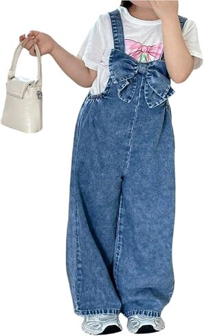 Toddler Girl's Bowknot Denim Overalls Sleeveless Wide Leg Jumpsuit Jeans Pants in Saudi Arabia