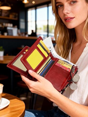 RFID Blocking Ladies Wallet Waxed Leather Trifold Small Wallet with Multiple Card Slots for Everyday Carry in Saudi Arabia